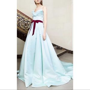 Monique Lhuillier Duchess Satin Strapless Ball Gown in Sky Blue & Burgundy